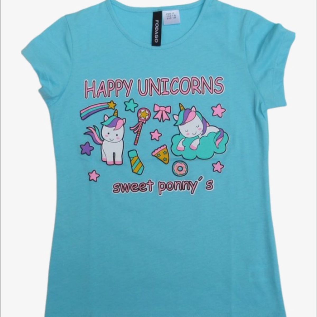 FODAGO - Polo niña manga corta Happy Unicornio - Celeste