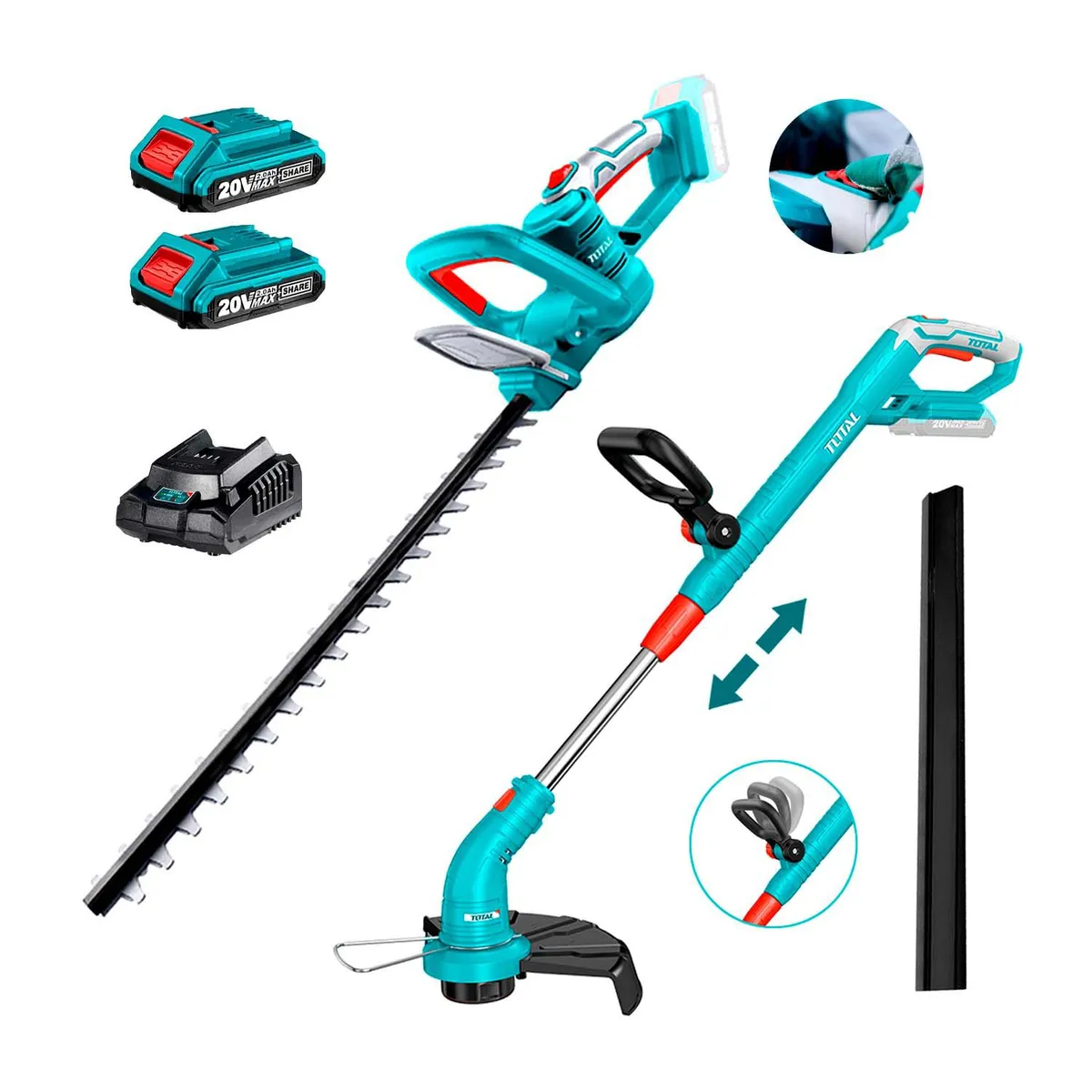 TOTAL TOOLS - CORTACÉSPED MÁS CORTASETOS PODADORA  BATERÍA 20V Y CARGADOR - COMBO