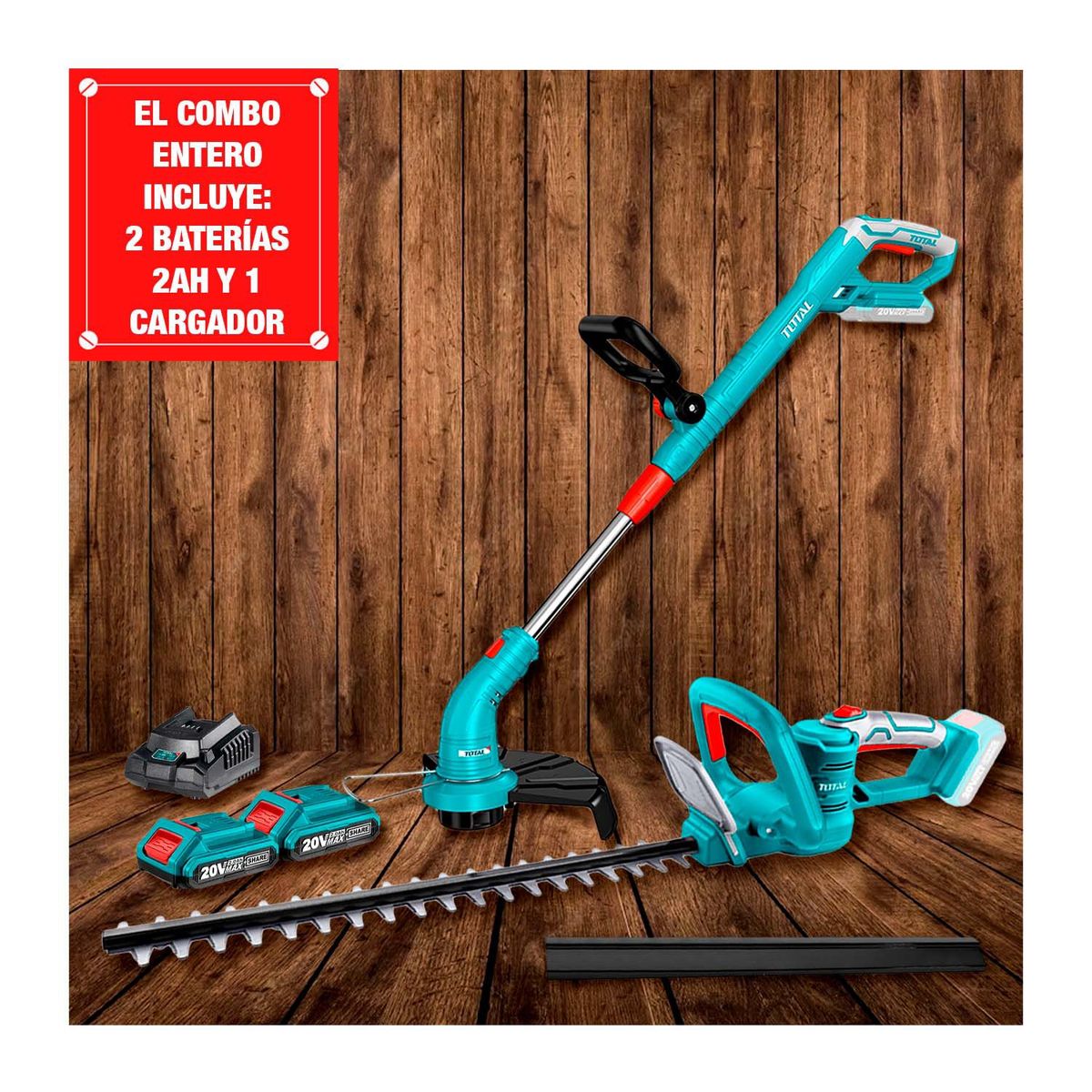 TOTAL TOOLS - CORTACÉSPED MÁS CORTASETOS PODADORA  BATERÍA 20V Y CARGADOR - COMBO