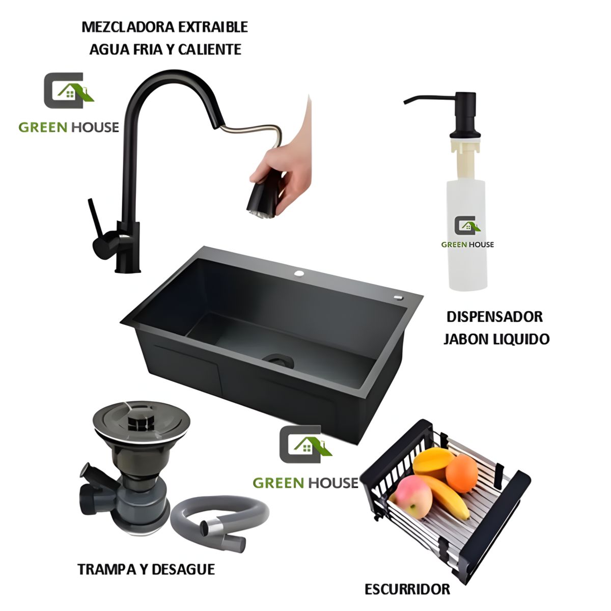 GREEN HOUSE - COMBO 81x48x23CM LAVADERO DE COCINA MODELO POZON  + MEZCLADORA