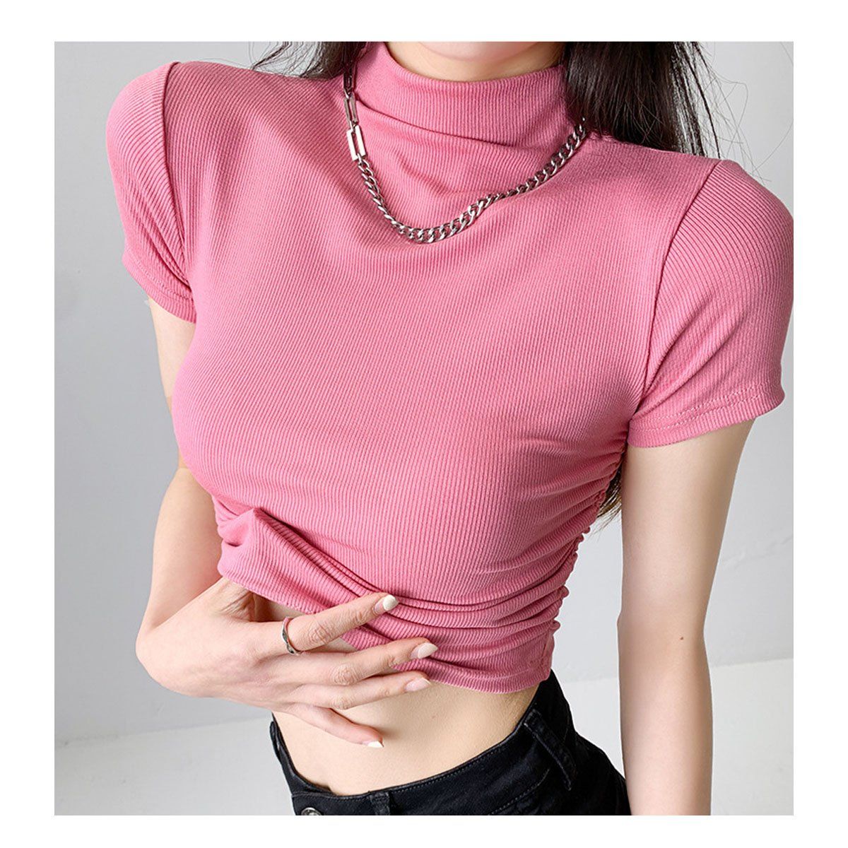 42AROZINA - moda mujer poleras top corto de mujer de medio cuello alto