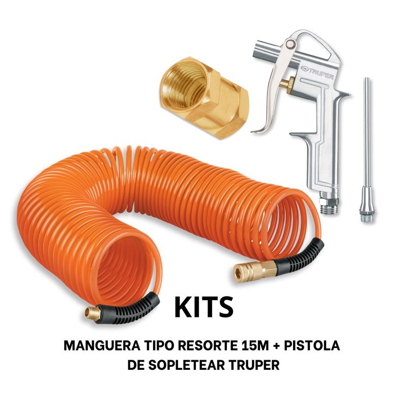 TRUPER - Kit Manguera tipo resorte 15m y pistola de sopletear Truper