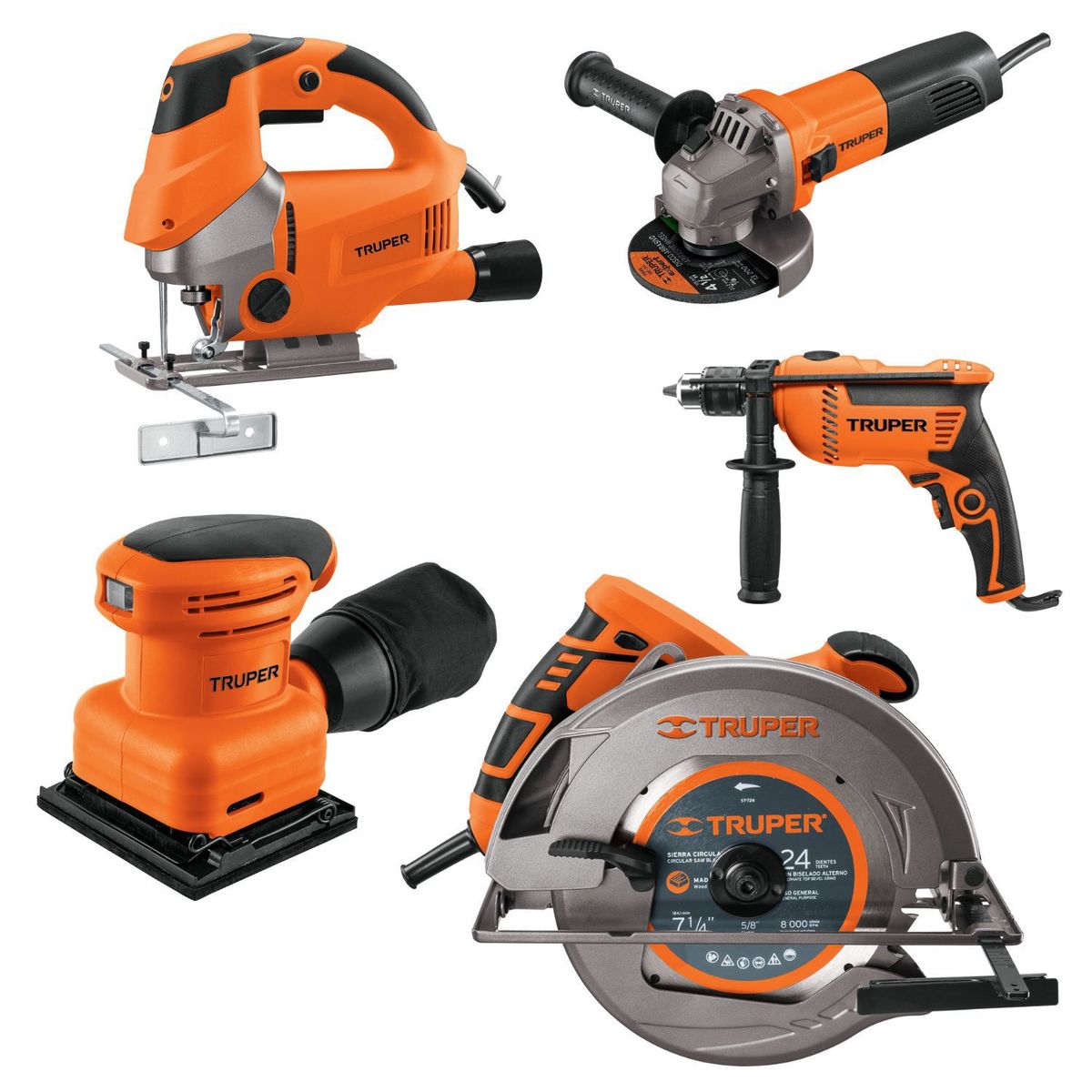 TRUPER - Combo Profesional Sierra circular Lijadora  Taladro y Amoladora Truper
