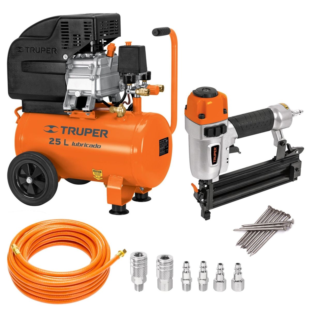TRUPER - kit Compresor de aire 25L, Clavadora calibre 18, manguera de aire 5 m