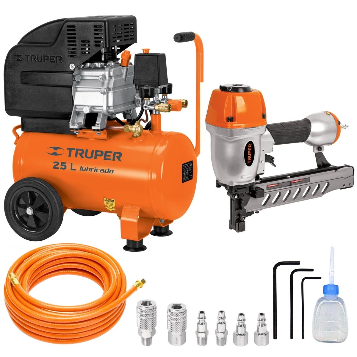 TRUPER - kit Compresor de aire 25L, Clavadora calibre 16, manguera de aire 5 m