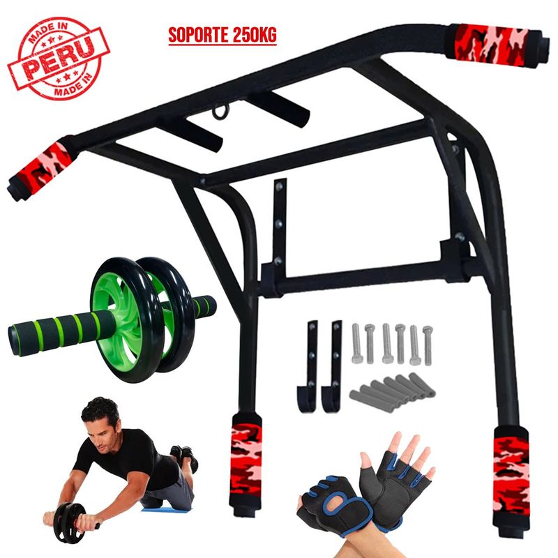 HOLGU - Barra Para Dominadas 2 en 1 + Rueda Abdominal + Guantes