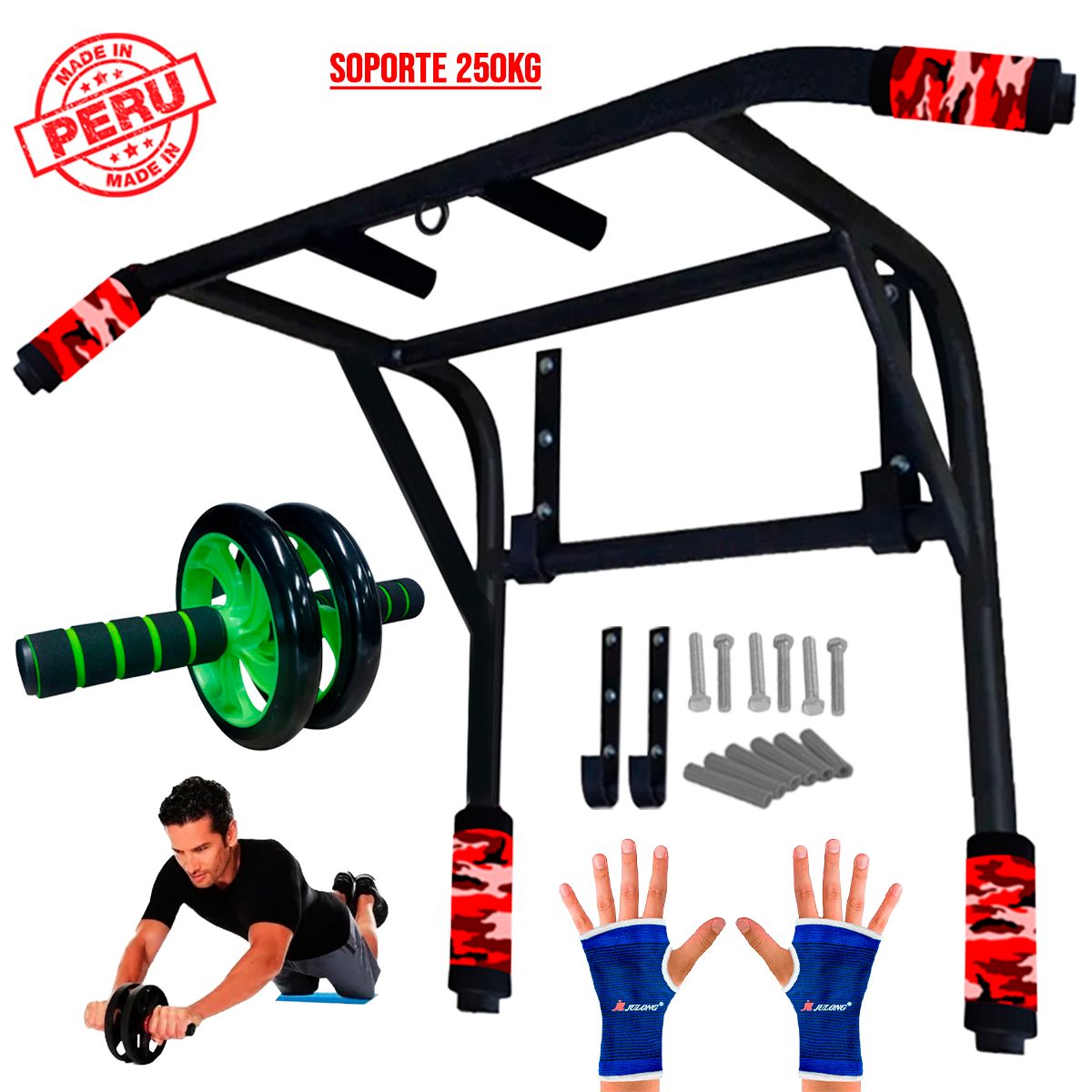 HOLGU - Barra Para Dominadas 2 en 1 + Rueda Abdominal + Guantes