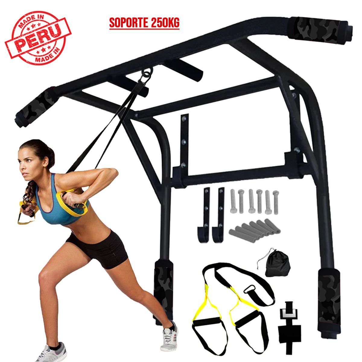 HOLGU - Barra 2 en 1 Soporte 250KG + Banda de Suspensión TRX