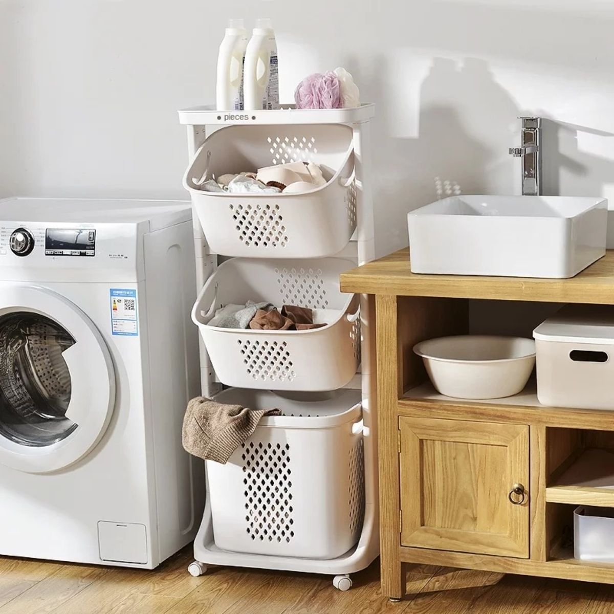 ELMEJORPRECIO - Estante Organizador De Lavandería De 3 Niveles Con Repisa