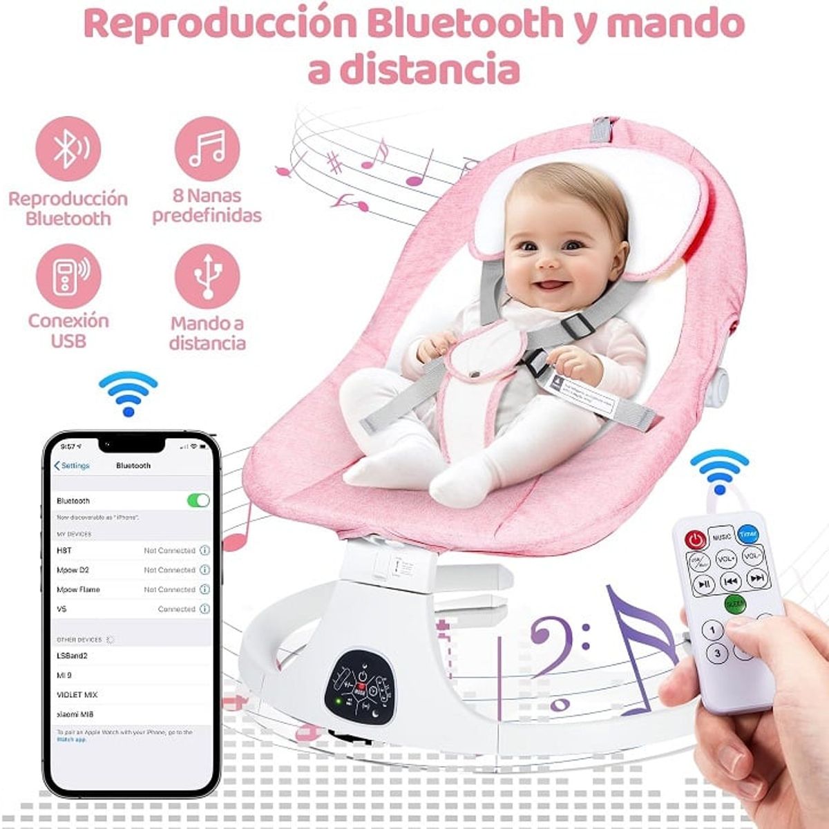 PERU IMPORTACIONES - Mecedora Eléctrica Rosado para Bebe con Bandeja Comedor