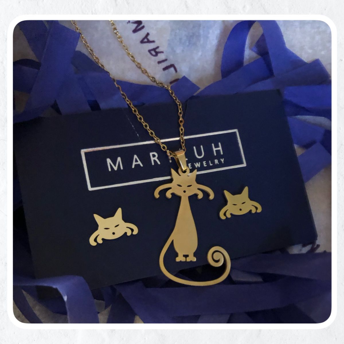 GENERICO - Pack Acero Collar con dije y Aretes - Gato Sorprendido II Dorado