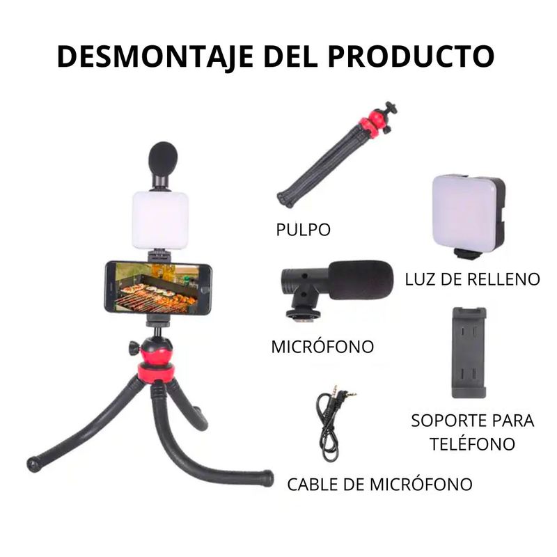 Trípode Flexible Pulpo para Celular con Luz LED y Microfono AY-49H
