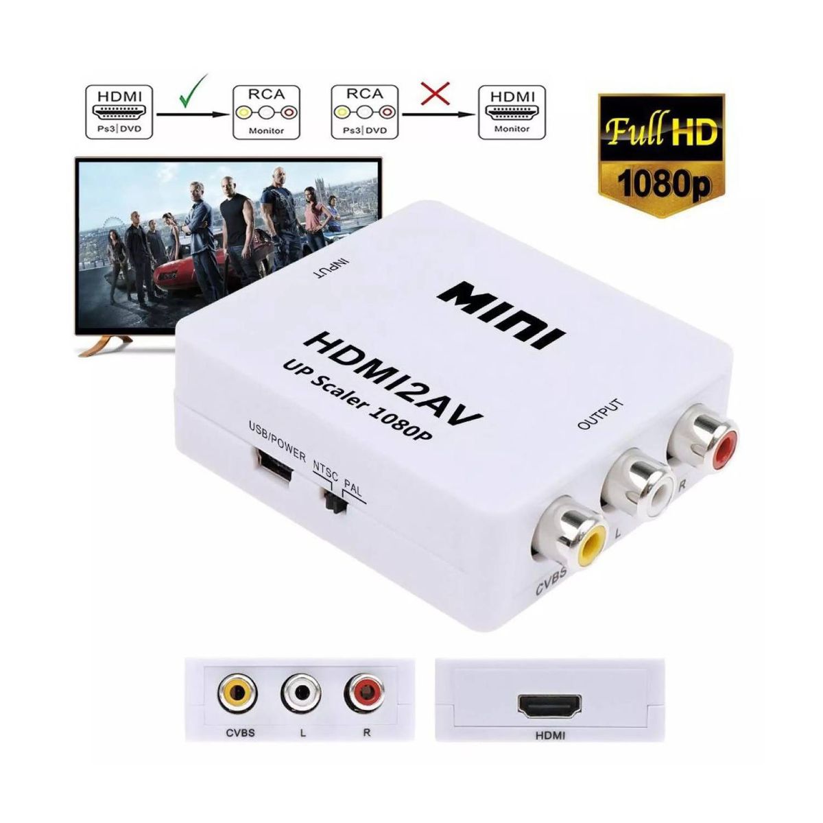MINI - Convertidor de HDMI2AV VIDEO Full HD Mini - HDMI a RCA