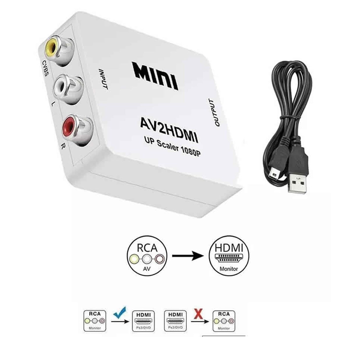 MINI - Convertidor Adaptador AV RCA a HDMI 1080p Full HD Video color blanco
