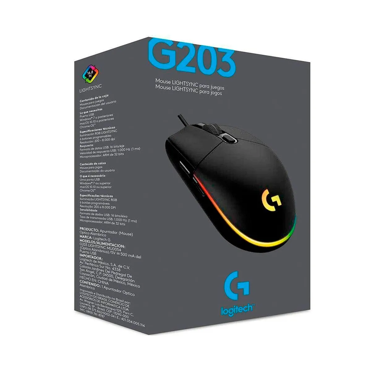 LOGITECH - Mouse Logitech G203 Lightsync Optical 800 Dpi Rgb Negro