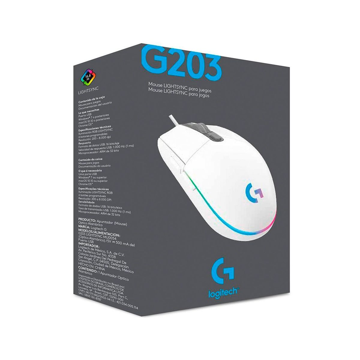 LOGITECH - Mouse Gamer Logitech G203 Lightsync Optical 8000 Dpi Rgb White