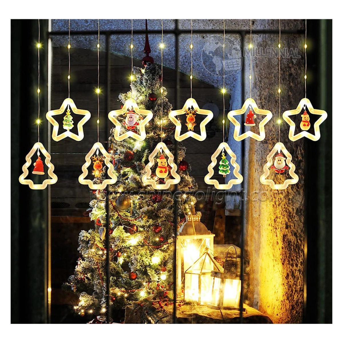 GENERICO - Cortina Luces Navidad LED Guirnalda Estrellas y Figuras ambar