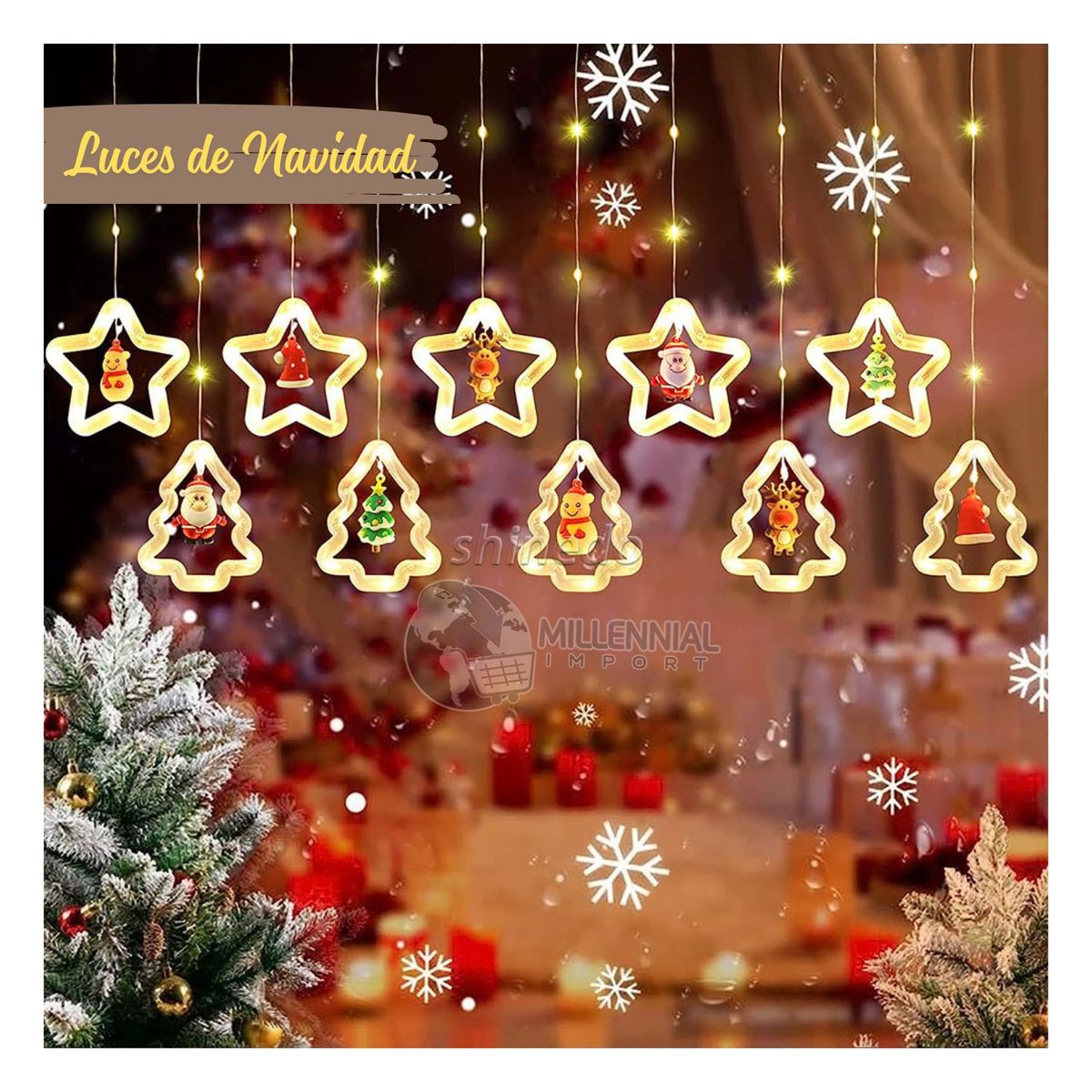 GENERICO - Cortina Luces de Navidad LED Guirnalda de Estrellas y Árbol Ambar