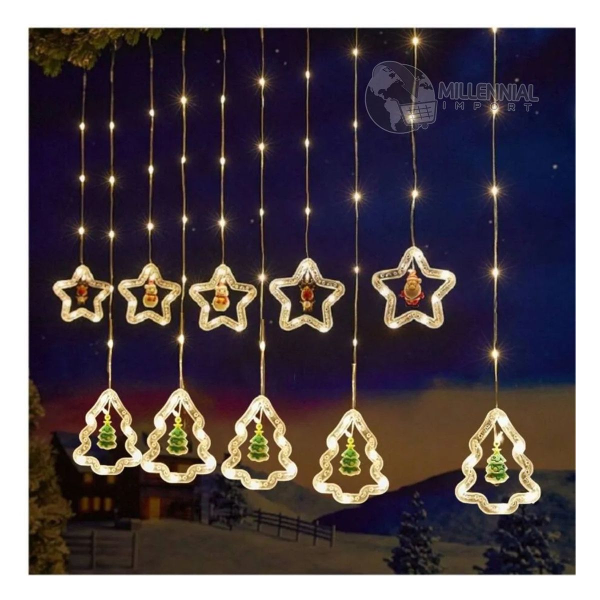 GENERICO - Cortina Luces de Navidad LED Guirnalda de Estrellas y Árbol Ambar