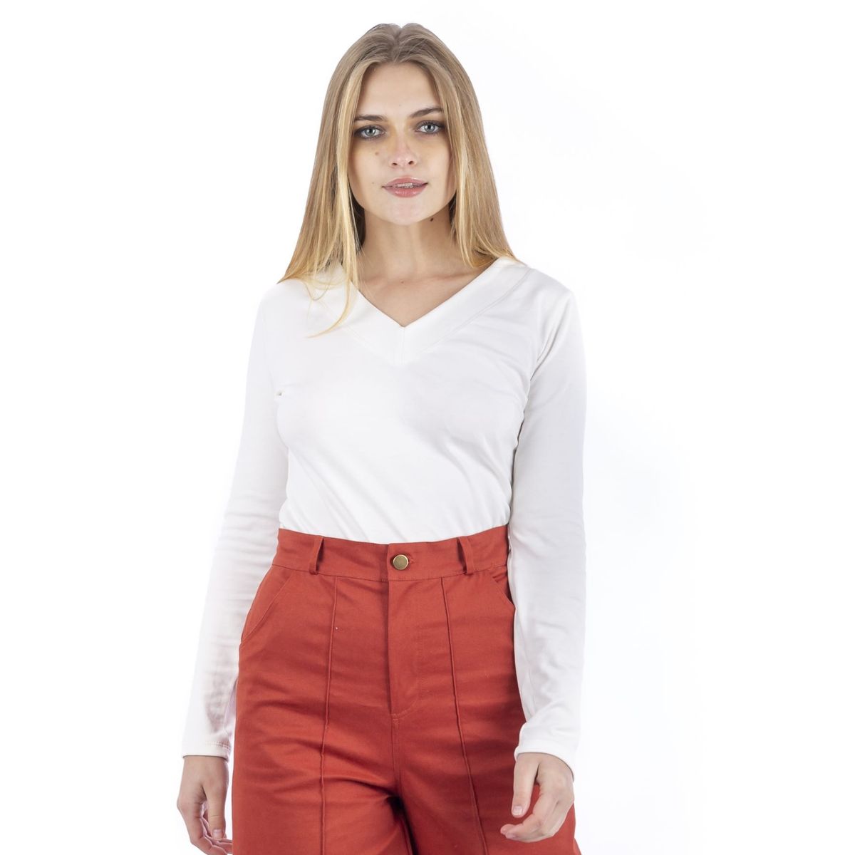 GENERICO - Polo bÃ¡sico en algodÃ³n manga larga cuello V DAMAS