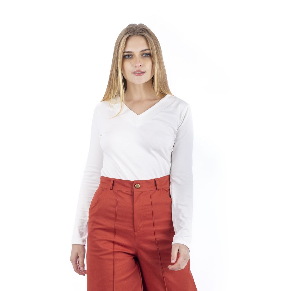 GENERICO - Polo bÃ¡sico en algodÃ³n manga larga cuello V DAMAS