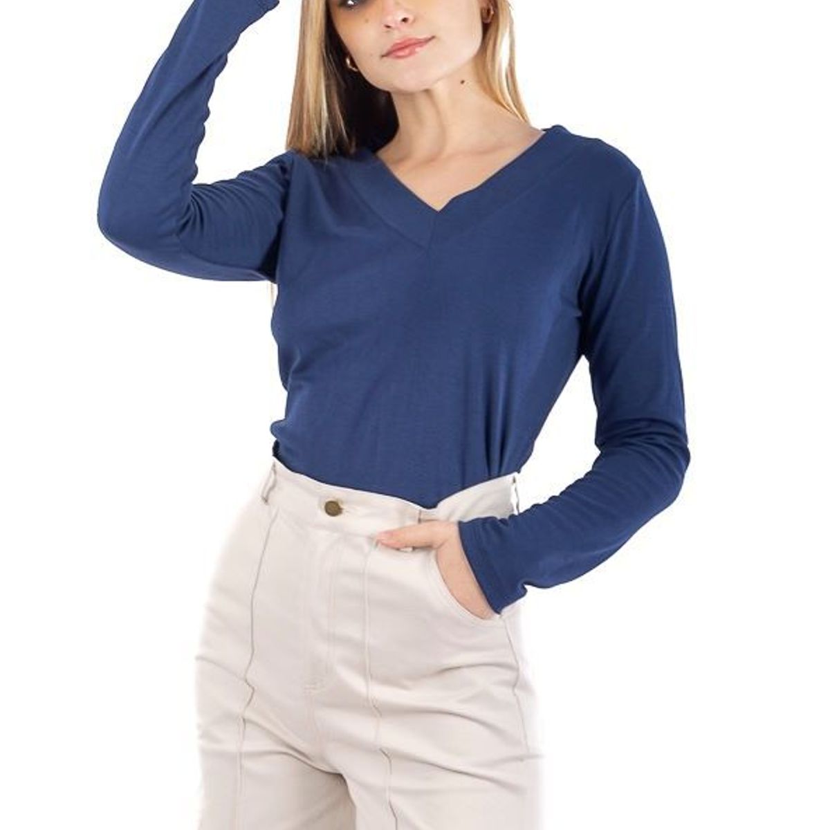 GENERICO - Polo bÃ¡sico en algodÃ³n manga larga cuello V DAMAS