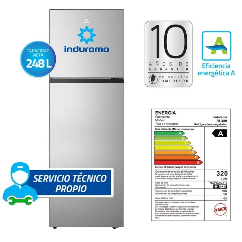 INDURAMA - Refrigeradora Indurama RI-389 Top Freezer 248L - Gris.