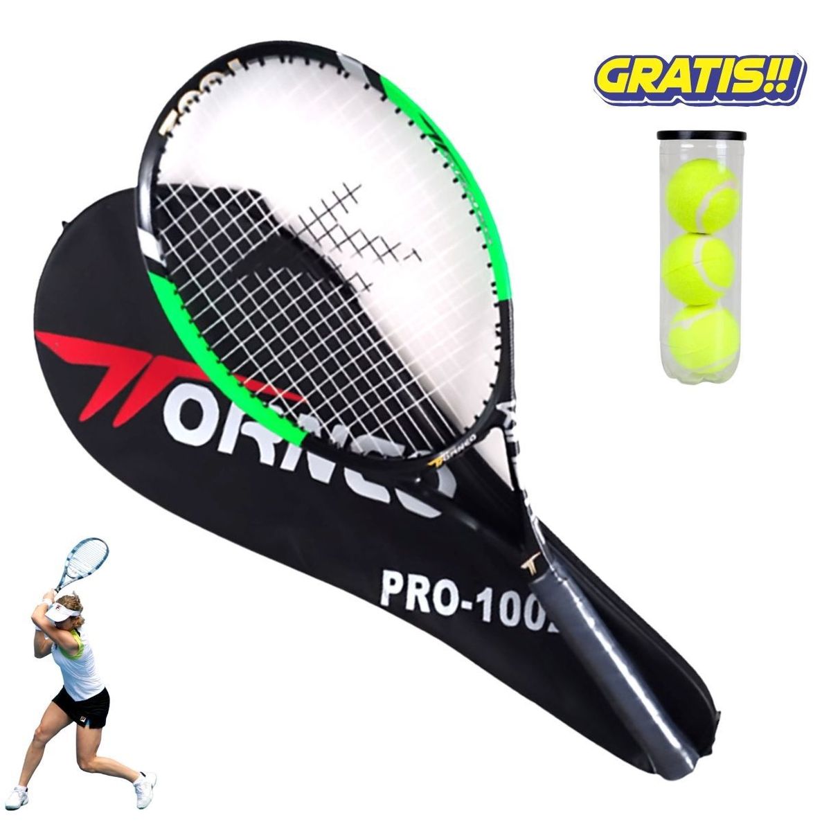 GENERICO - RAQUETA DE TENIS TORNEO 1002 + ESTUCHE AMARILLO 3 PELOTAS