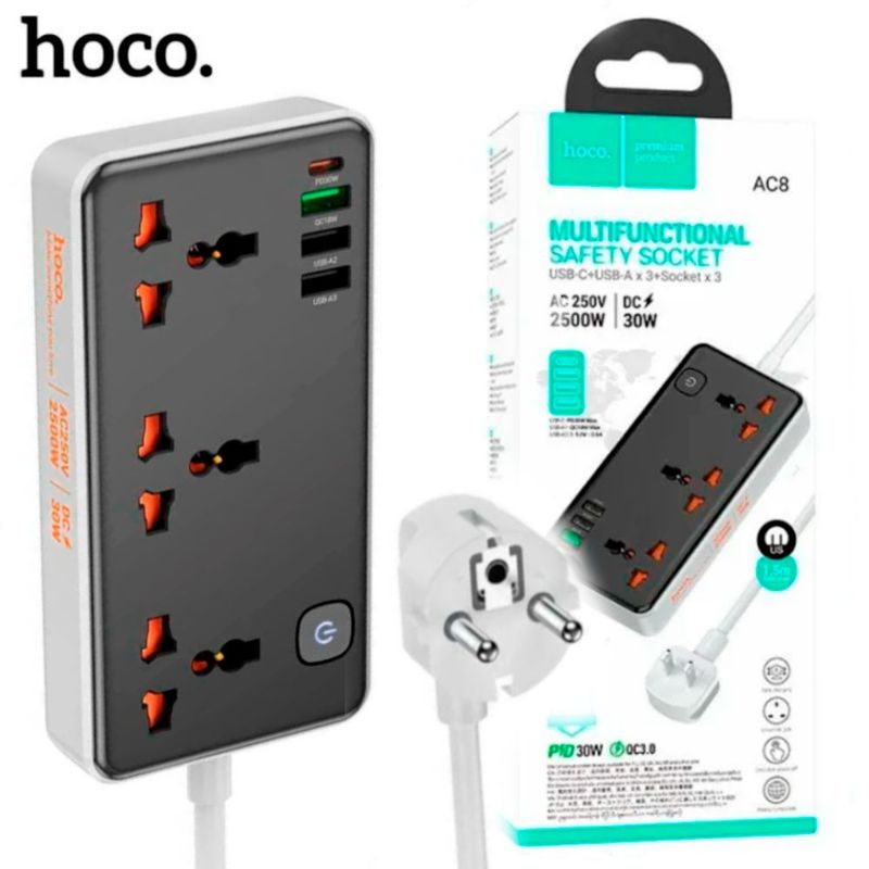 HOCO - Extension Toma Corriente Con Puerto USB de Carga Rapida HOCO AC8