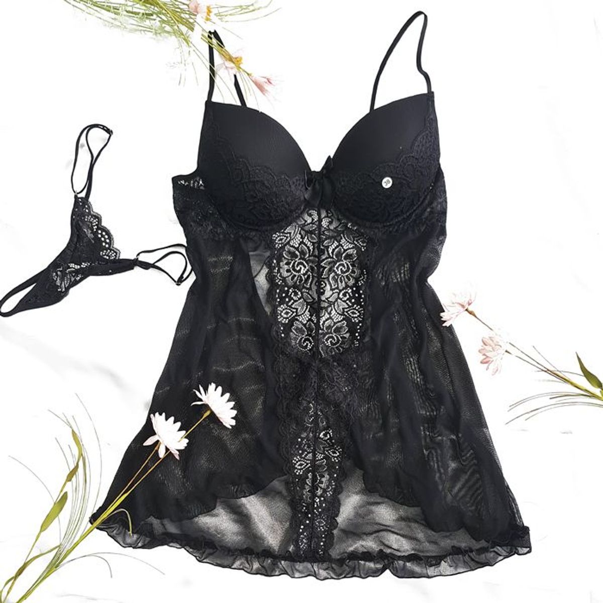 GENERICO - Babydoll Diane  Tanga hilo regulable Lencería fina