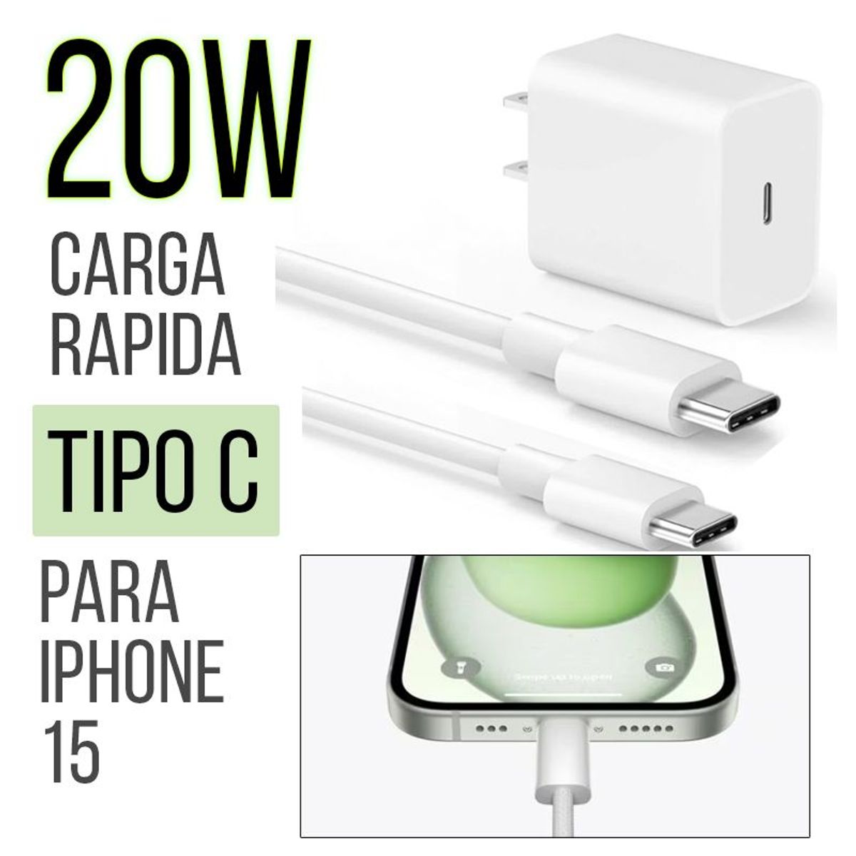 Cargador genérico de carga rápida 20w tipo c USB-c para Iphone 15, marca GENERICO - Foto Principal