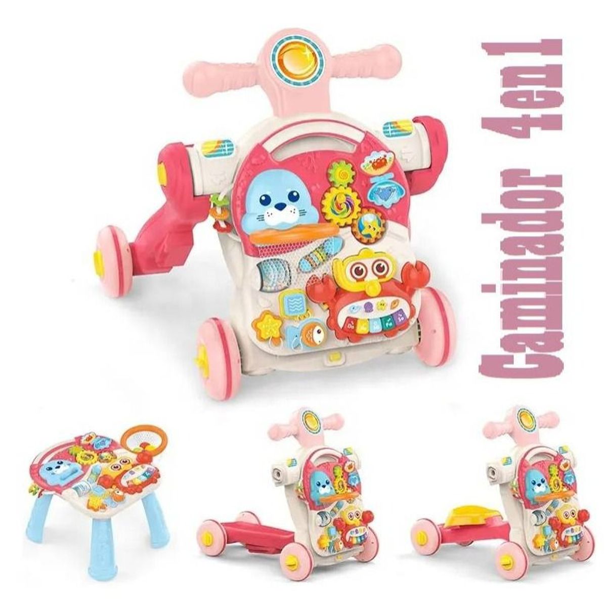 HUANGER - Caminador Moto Scooter y Mesa Musical 4 en 1 Rosado