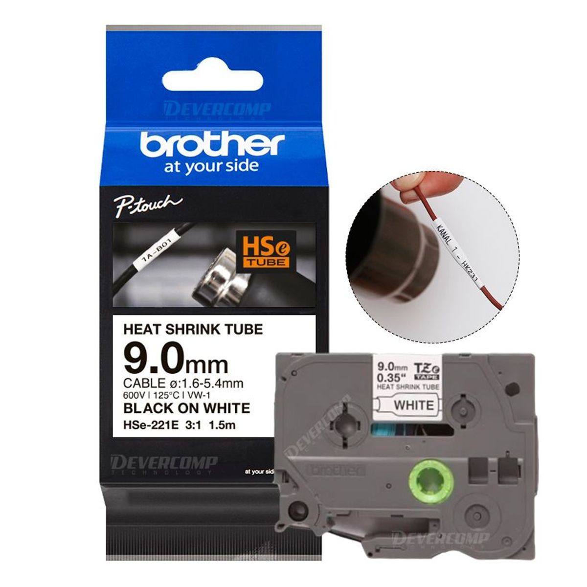 BROTHER - Cinta Brother HSe-221E Termocontraible (9.0mm x 1.5 mts) Blanco/Negro