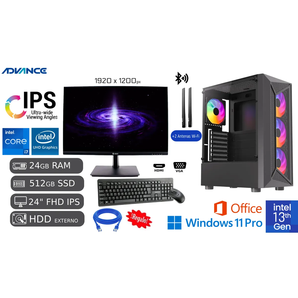 INTEL - Computadora PC Intel core i7-13600 24GB RAM 512GB SSD 1TB HDD EXTERNO +LED 24 + CABLE DE RED