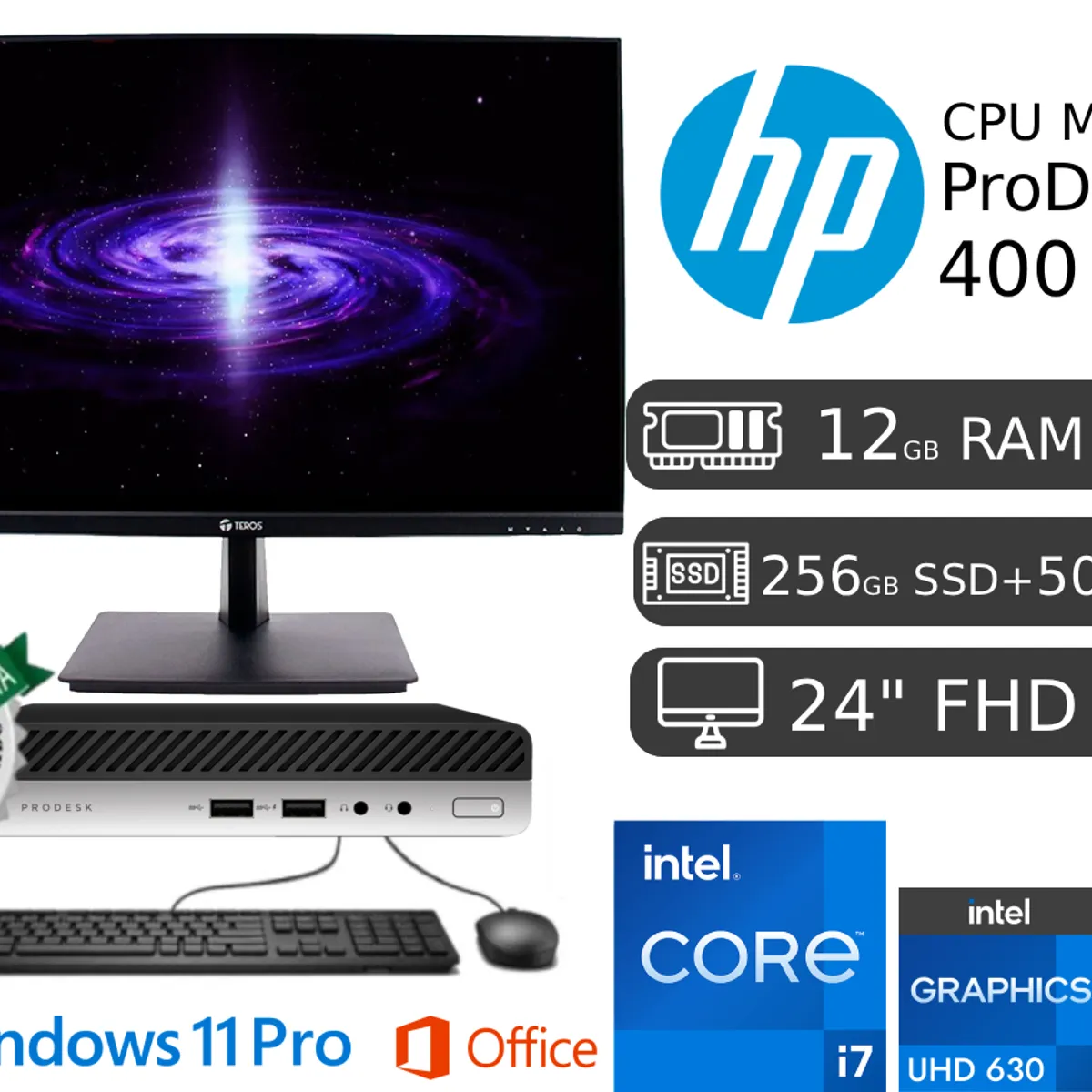 HP - ProDesk Mini 400 G5 I7 9na 12GB RAM 256GB SSD + 500GB HDD + Monitor Led 24"