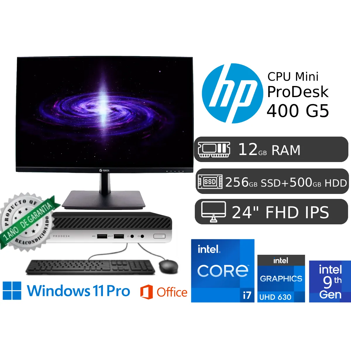 HP - ProDesk Mini 400 G5 I7 9na 12GB RAM 256GB SSD + 500GB HDD + Monitor Led 24"