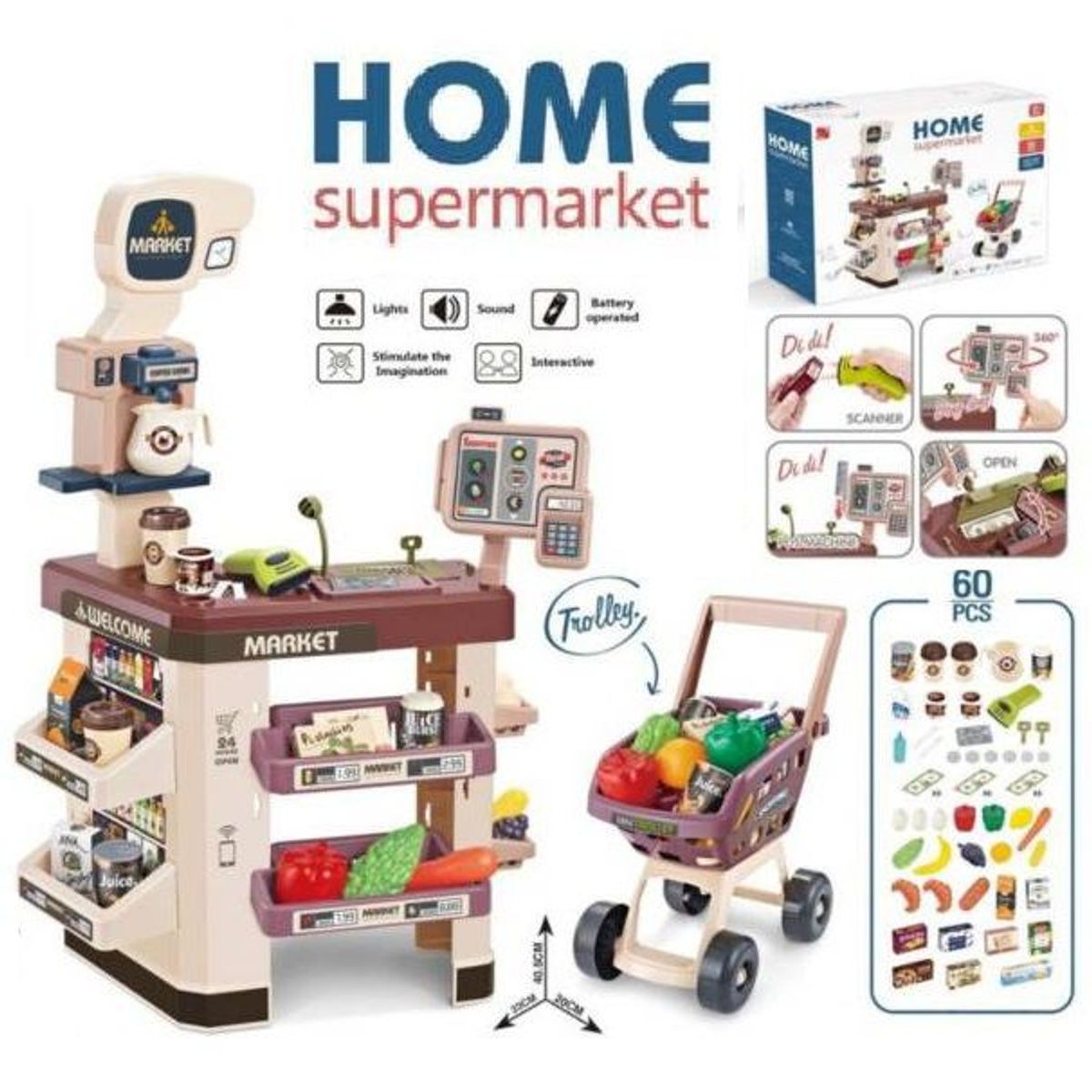 GENERICO - SúperMercado con Cajero y Sonidos y Coche de Compras 60Pzs
