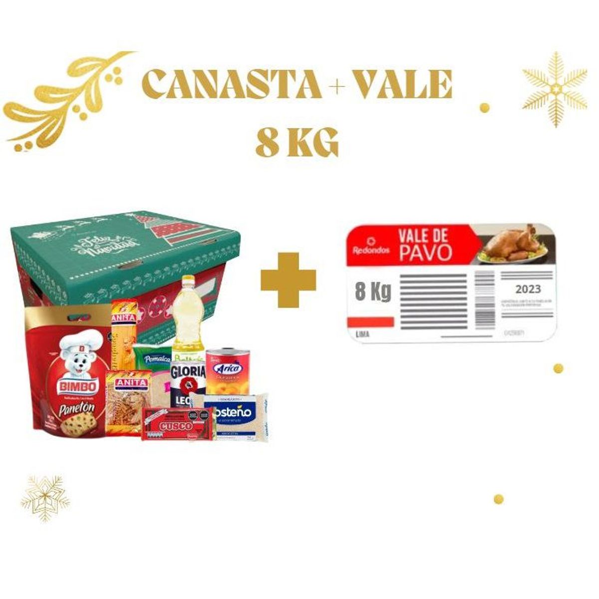 GENERICO - CANASTA NAVIDEÑA Y VALE DE PAVO REDONDOS DE 8 KG