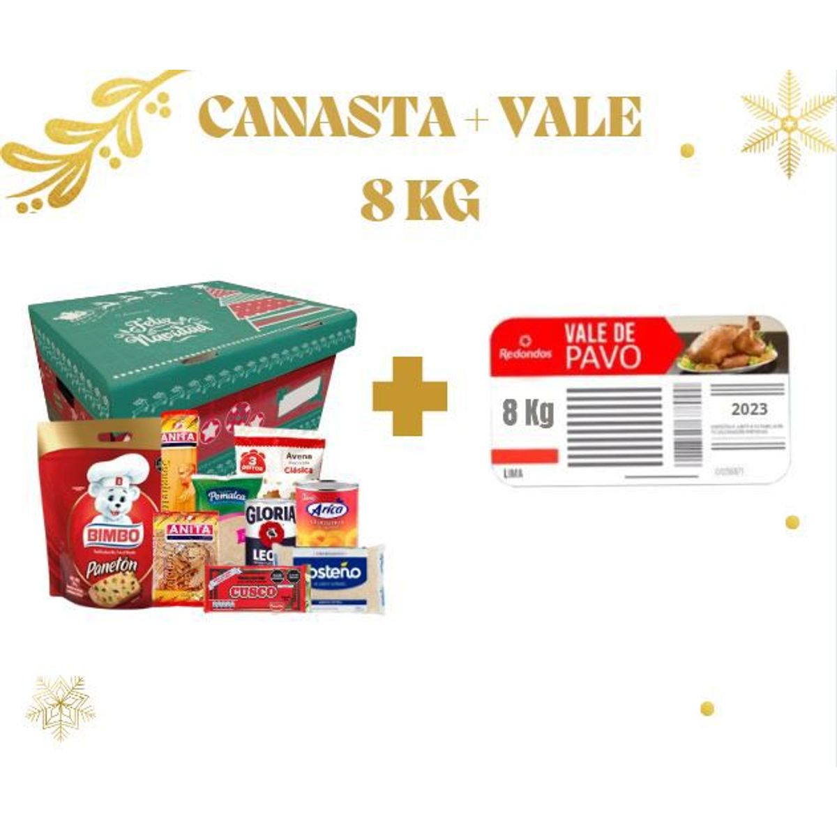 GENERICO - CANASTA NAVIDEÑA Y VALE DE PAVO REDONDOS DE 8 KG