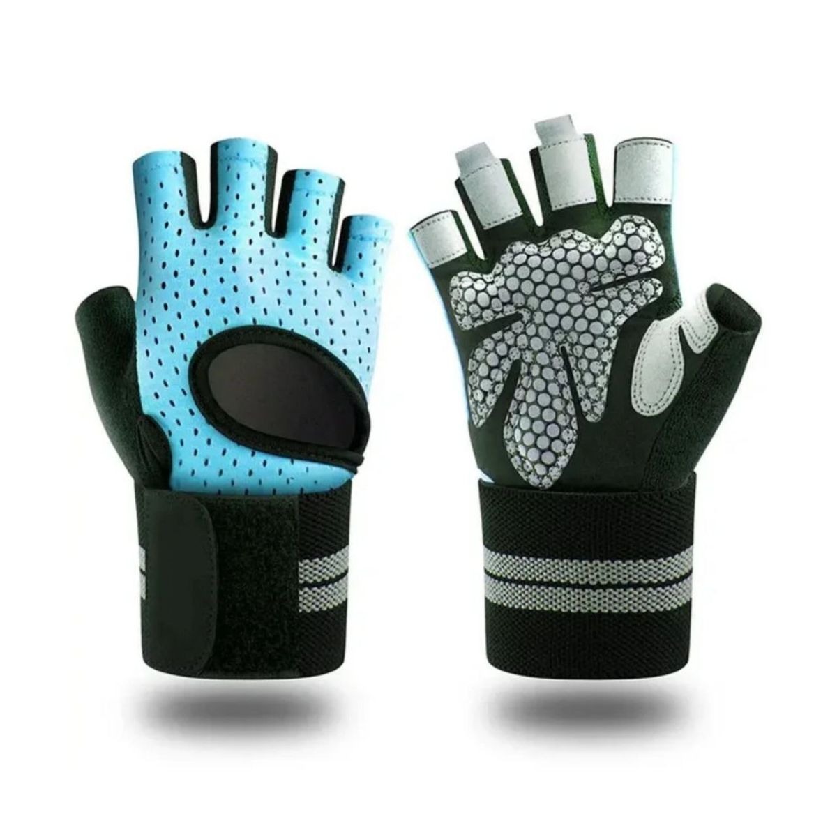 GENERICO - GUANTES DE ENTRENAMIENTO GYM PESAS CON MUÑEQUERA CELESTE M