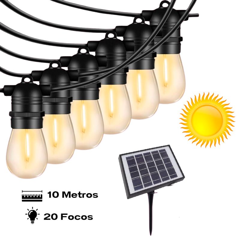 GENERICO - GUIRNALDAS LED 10 METROS 20 FOCOS PARA JARDÍN EXTERIOR + PANEL SOLAR