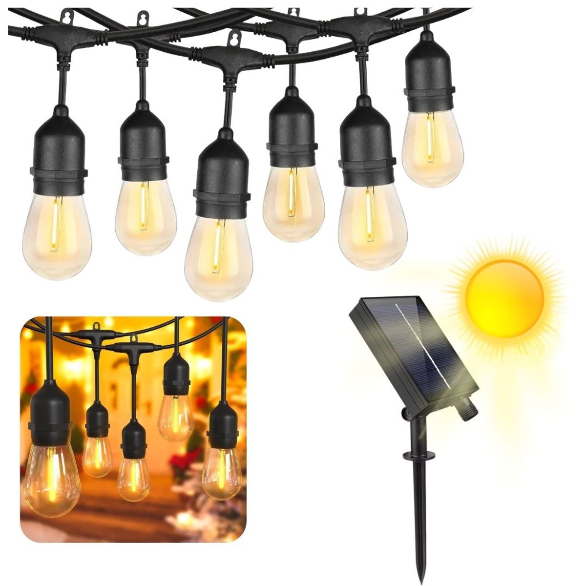 SEISA - Luces Guirnaldas 20 Focos 10 Metros Decoracion Exterior con Panel SOLAR