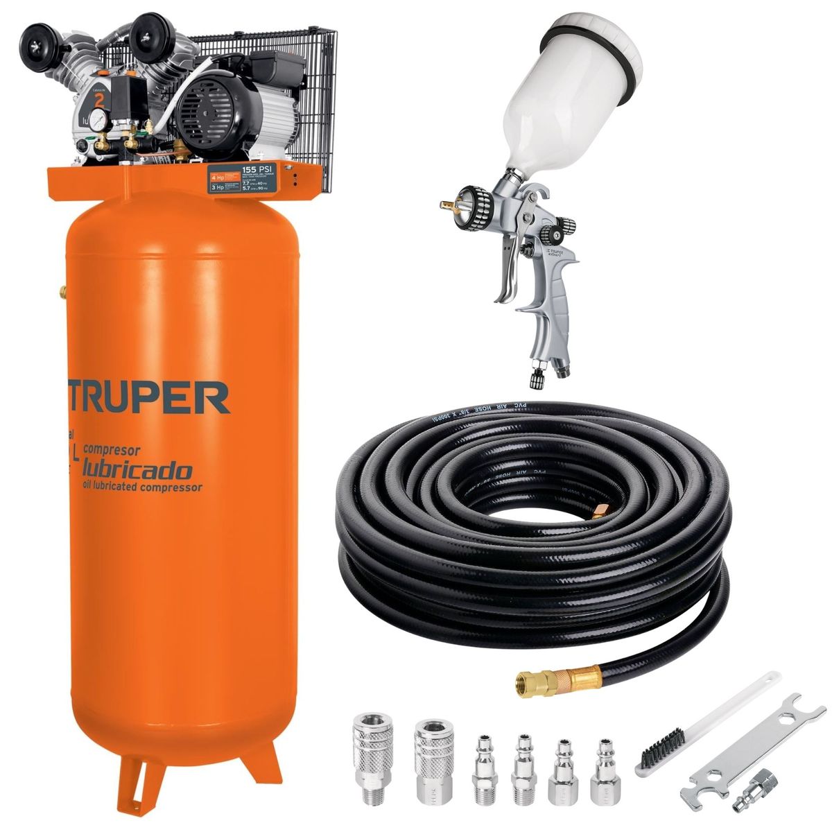 TRUPER - kit Compresora 240L Pistola para acabado profesional manguera 15m