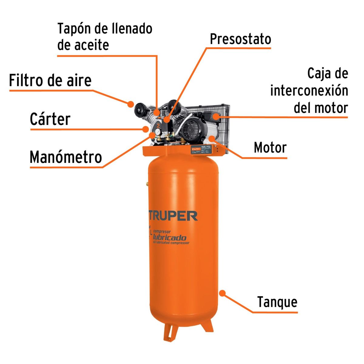 TRUPER - kit Compresora 240L Pistola para acabado profesional manguera 15m