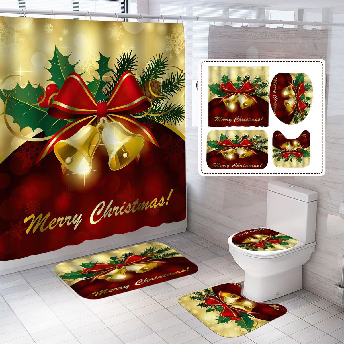 GENERICO - Juegos de Baño Cortina Ducha Navideñas 4 piezas Decoración Festividad