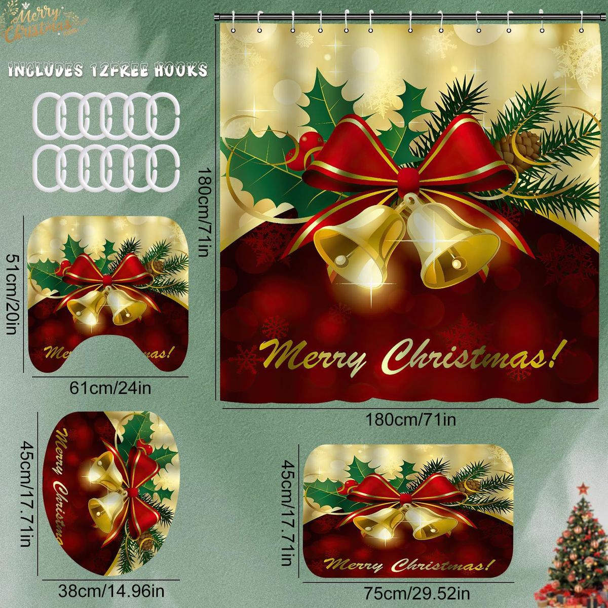 GENERICO - Juegos de Baño Cortina Ducha Navideñas 4 piezas Decoración Festividad