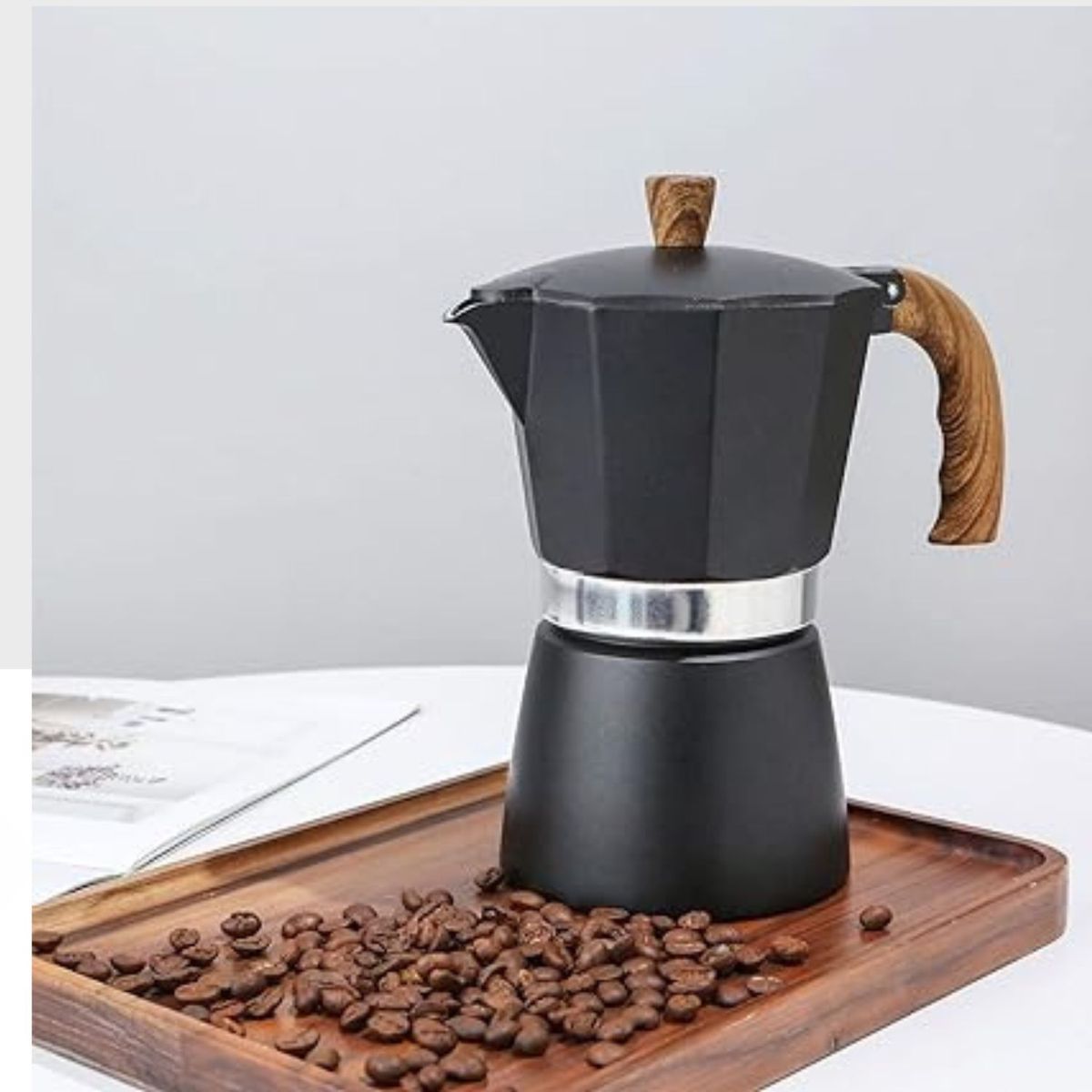 GENERICO - Cafetera Italiana Clásica con Mango de Madera de 670 ML Negro