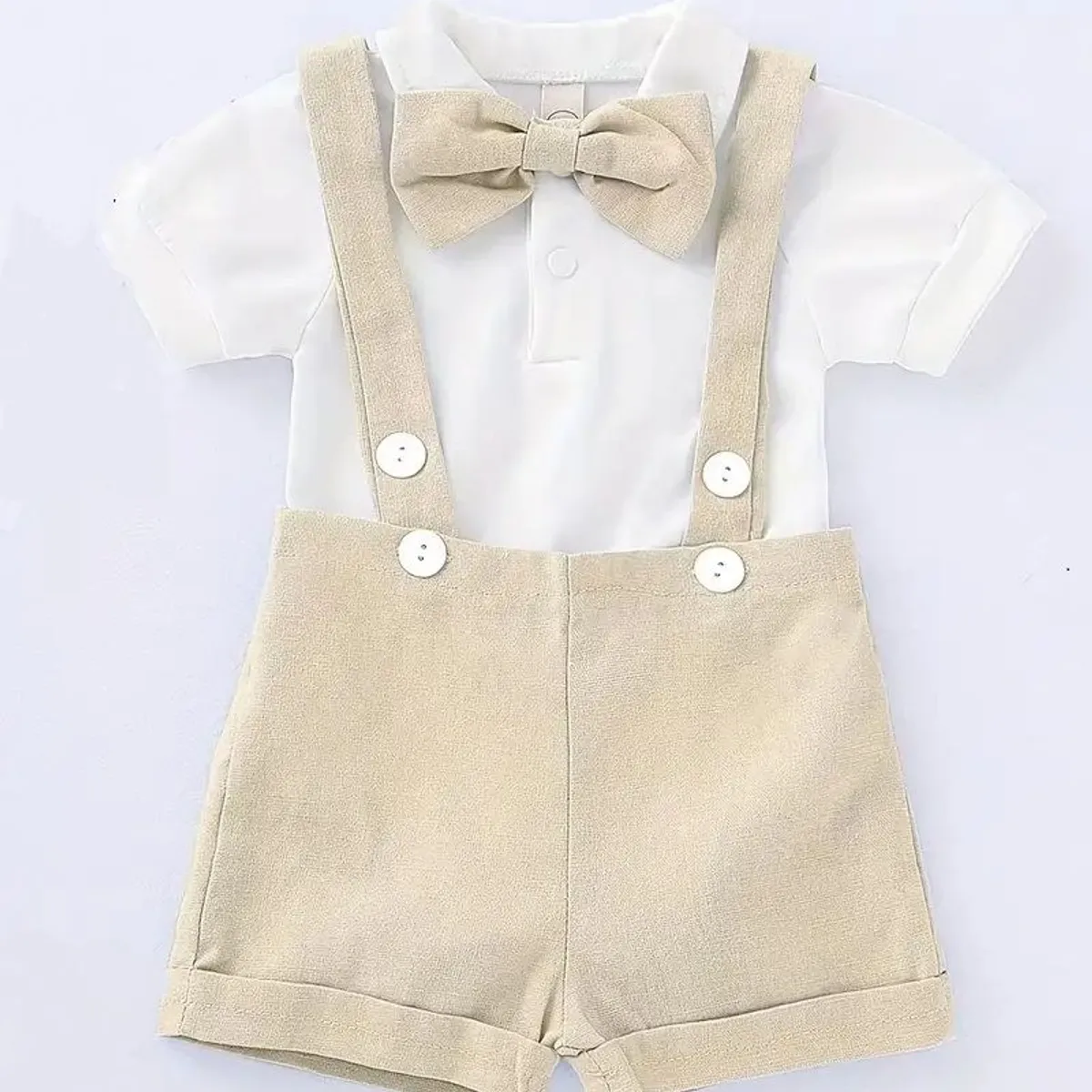GENERICO - Conjunto para Bebe Niño Beige 3 Piezas Corbatita y Tirantes