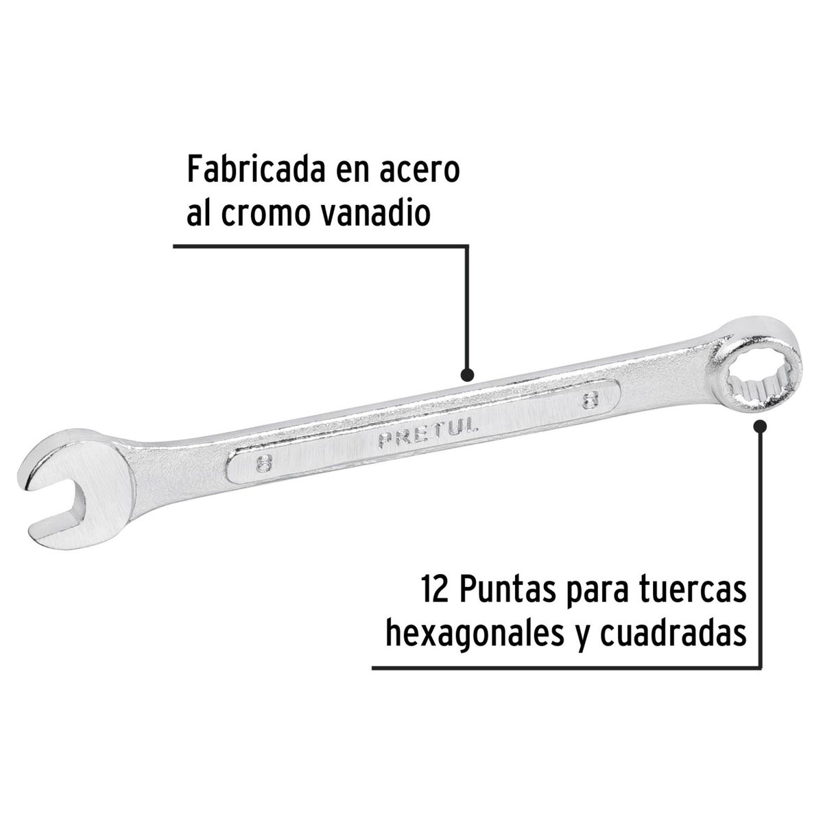 PRETUL - Llave  mixta combinada 8 mm x 120 mm de largo, Pretul