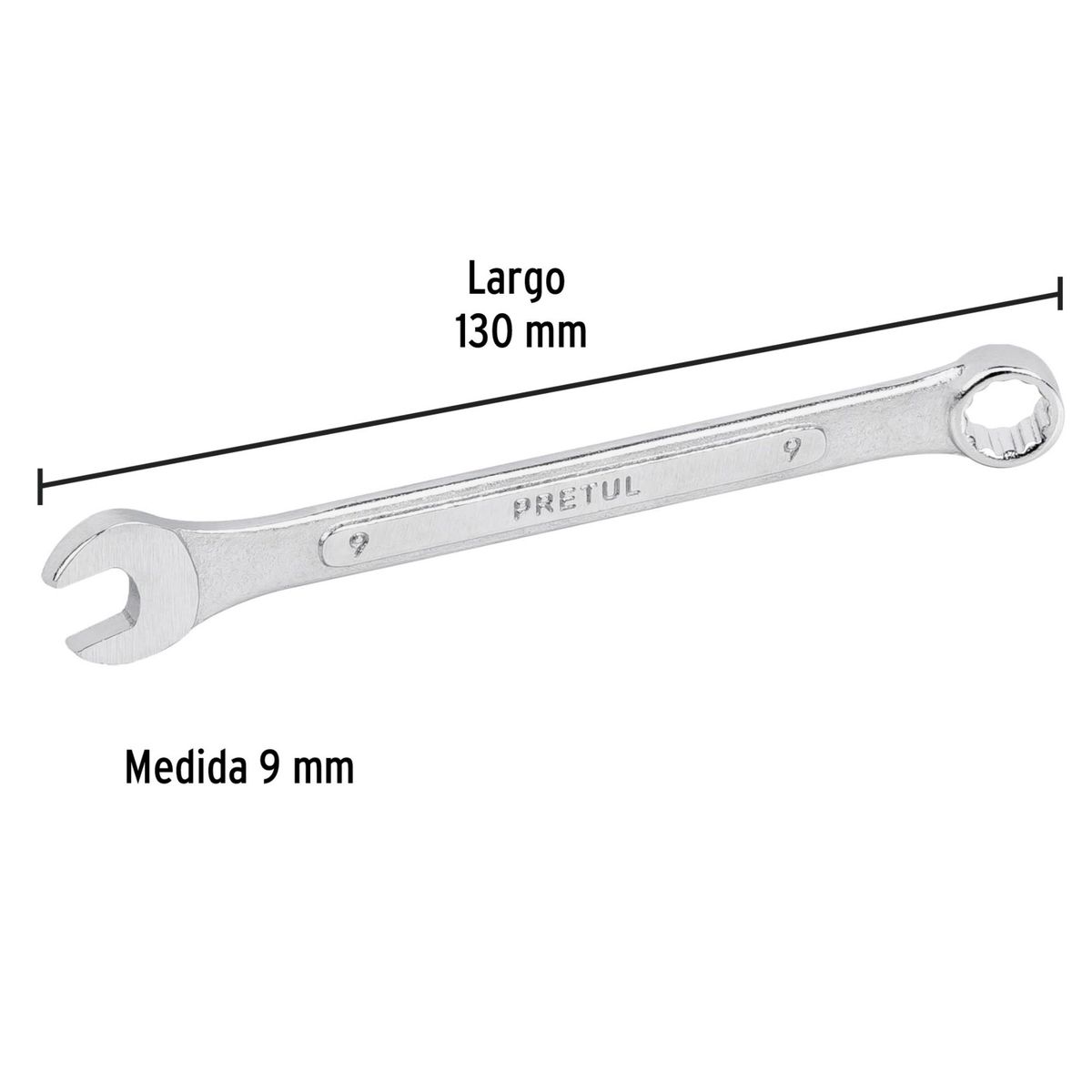 PRETUL - Llave MIXTA combinada 9 mm x 130 mm de largo, Pretul